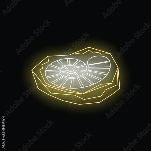 Glowing neon ammonite fossil trapped in a rock, representing paleontology and ancient times