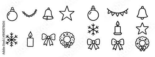 Collection of decorative christmas and new year ornament line art icons symbol for seasonal event on isolated white background