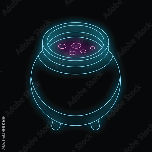 Neon illustration of a witch's cauldron bubbling with a magic potion, isolated on black background