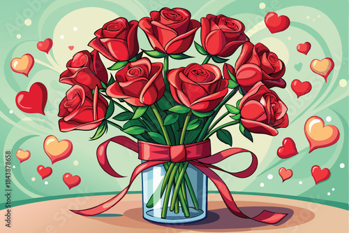 bouquet of red roses tied with a satin ribbon