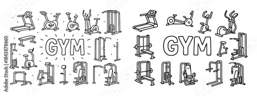 Collection of gym equipment in hand drawn doodle style vector illustration for fitness and exercise themes