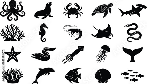 Collection of marine animals and fish silhouettes such as octopus and shark
