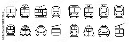 Collection of public transportation vector icons representing various forms of transit