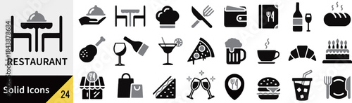 Collection of solid restaurant icons food and drink related symbols for menu or infographics on white background