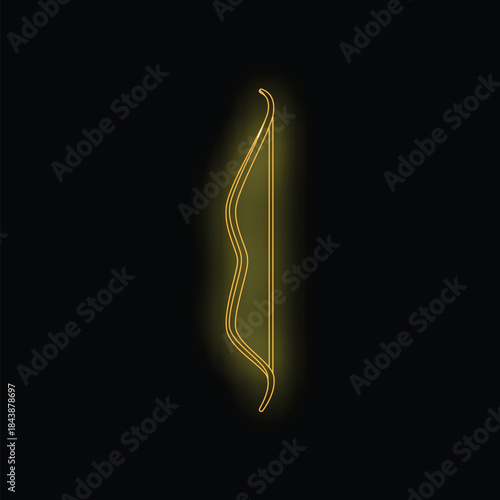 Neon golden bow glowing on black background, hunting and archery concept
