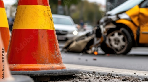 Road traffic accident with cones on the road, safety and prevention