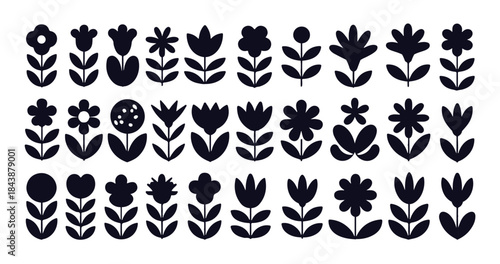 Abstract floral icon set featuring various minimalist flower and plant silhouettes for modern design