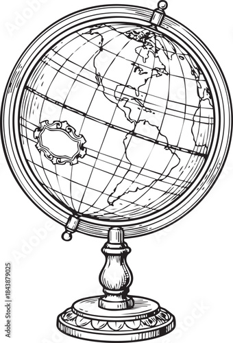Vintage Terrestrial Globe on Stand Engraving Style Map Vector Illustration