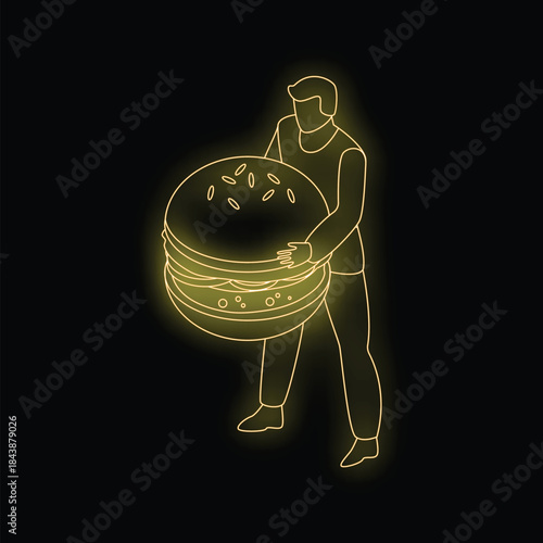 Neon glowing line art illustration of a man holding a giant burger, perfect for fast food related designs