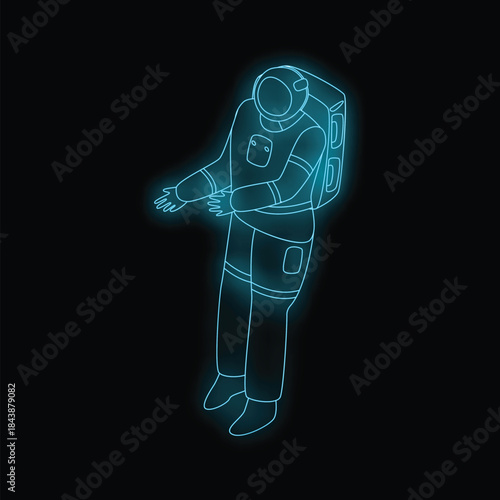 Neon blue outline of an astronaut floating in the dark vastness of space with open arms