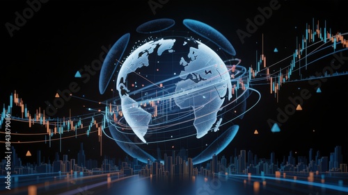 Global financial market with graphs and the earth in a futuristic style
