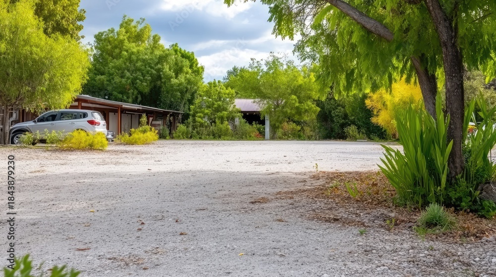 Fototapeta premium Idyllic rural parking area with vibrant greenery surrounding in the sunny day