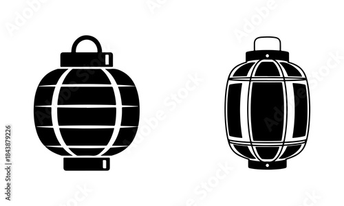 Traditional Japanese paper lantern chochin, black flat vector illustration on white background, minimal icon style, bold clean shape, no shading