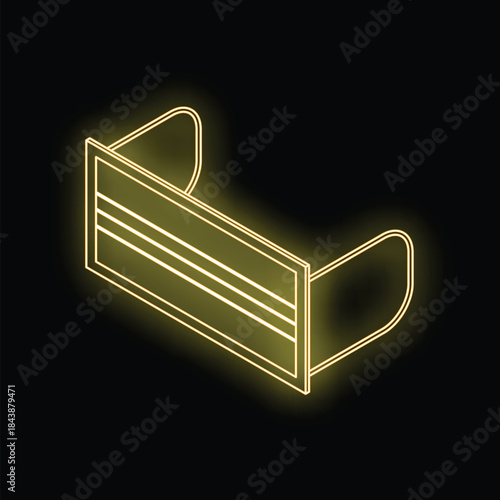 Isometric view of yellow neon medical face mask glowing on black background, representing protection and safety