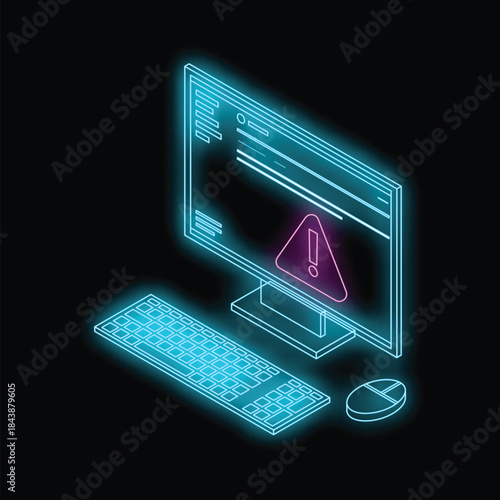 Isometric glowing computer displaying warning alert sign on screen, potential online security threat or system error