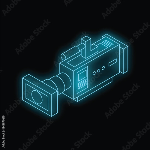 Futuristic neon camcorder capturing moments in a vibrant, isometric design against a dark backdrop