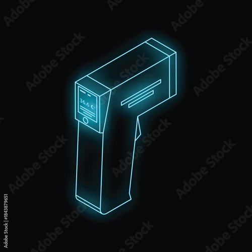 Neon outline of a non contact digital infrared thermometer showing normal body temperature on a black background