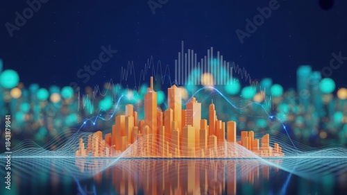 An imaginative rendering of a futuristic cityscape, illuminated in vibrant hues