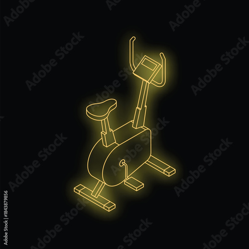 Glowing yellow neon stationary bicycle illuminating dark space, promoting fitness and active lifestyle