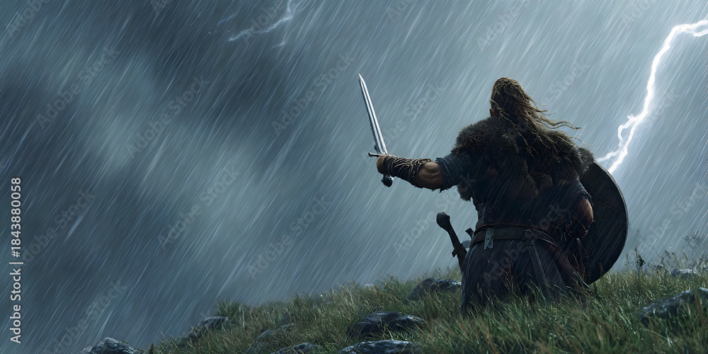 Obraz premium Stormbound Warrior on the Hilltop, ai generated.
