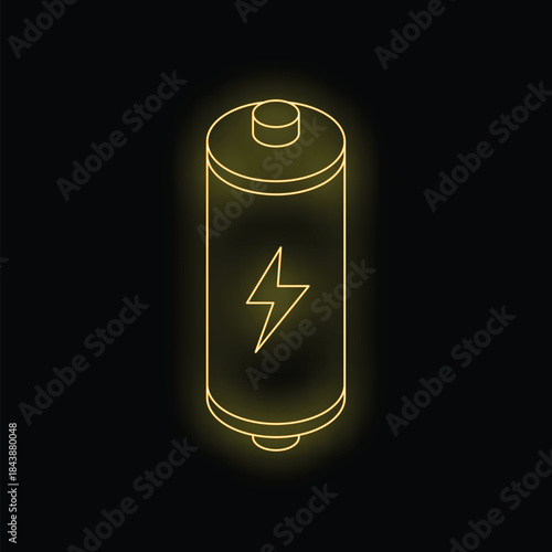 Yellow glowing neon battery icon on dark background, representing charging, energy, and power