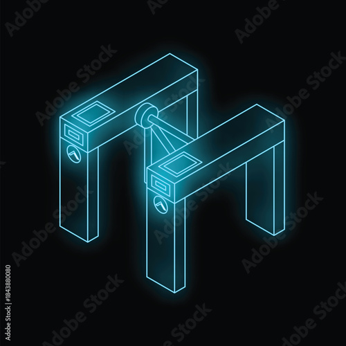 Futuristic neon glowing turnstile gate access control system is allowing passage on dark background