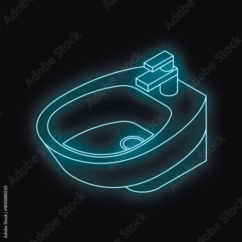 Glowing neon bidet illuminating a dark bathroom, creating a modern and futuristic atmosphere
