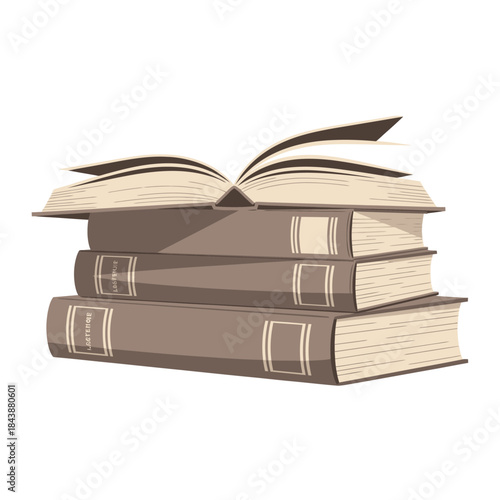 A stack of vintage books, one open on top.