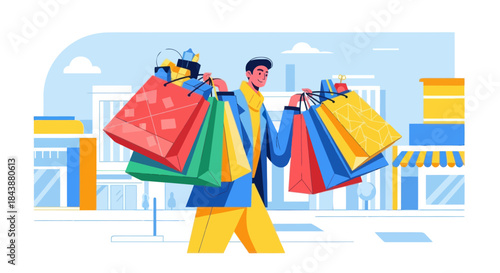 Happy young man carries a lot of colorful shopping bags on a city street.