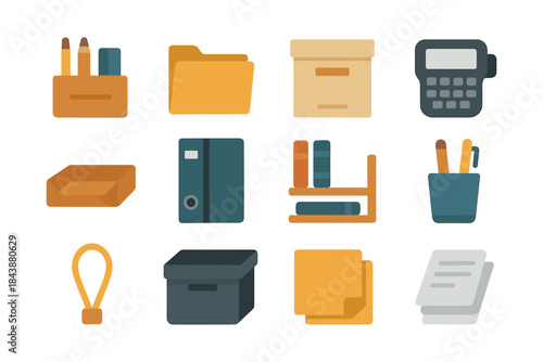 Modern office supplies icons in flat style for business and organization
