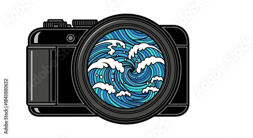 Camera lens reflects abstract ocean waves with ripple effect.