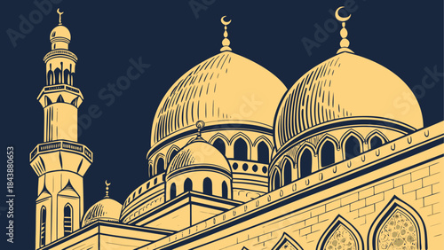 Detailed illustration of a mosque with domes and minaret against a dark blue background