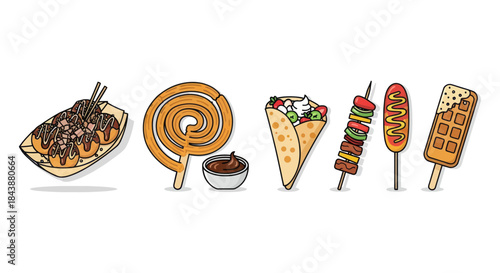 Illustration of different types of street food on a white background.