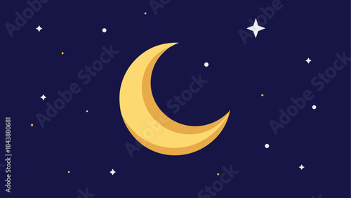 A simple and peaceful night sky illustration featuring a crescent moon and stars