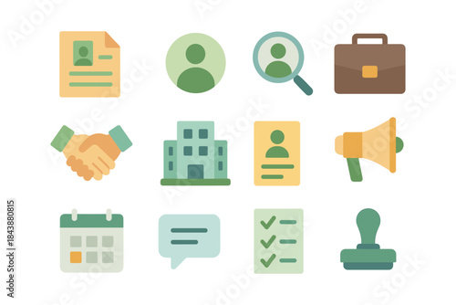 Flat style business and office icons set: documents, communication, job search, and more