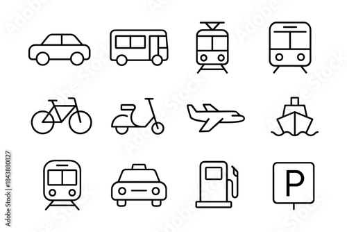Linear transport icons collection: cars, bicycles, trains, and more