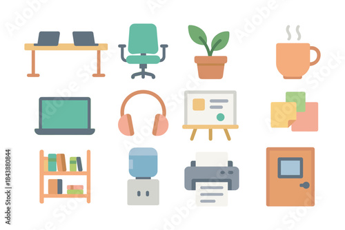 Modern office essentials in flat design: desk, laptop, plant, and more