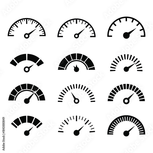 Collection of various gauge icons in black and white