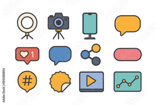 Colorful flat style social media and communication icons set