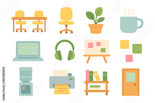 Modern office essentials: flat design icons for remote work and productivity