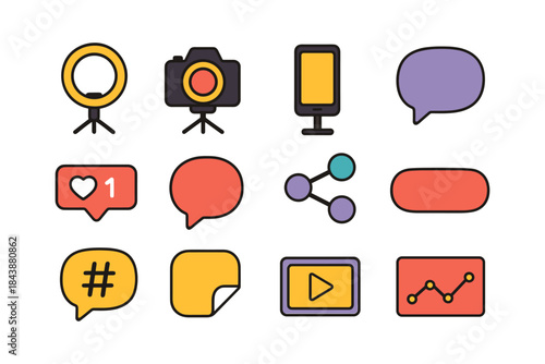 Flat style social media and technology icons set for digital content creators