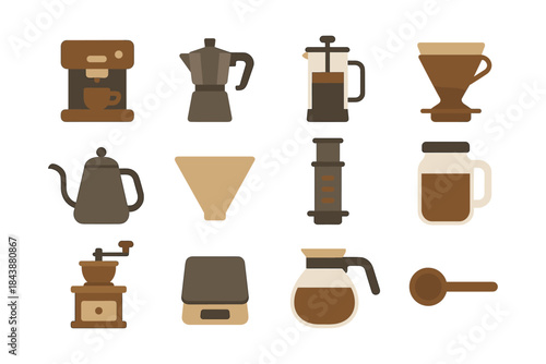 Coffee brewing essentials: flat-style icons of popular coffee makers and tools