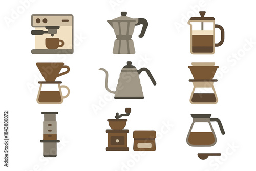 Flat design coffee brewing equipment symbols for cafes and baristas