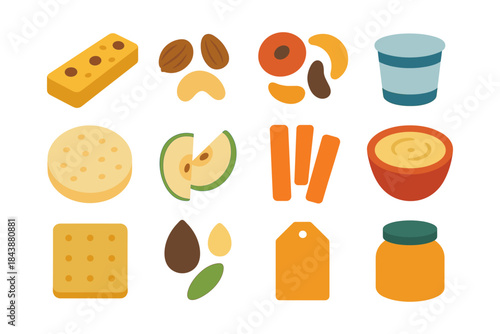 Assorted flat style healthy snacks icons with nuts, fruits, and crackers