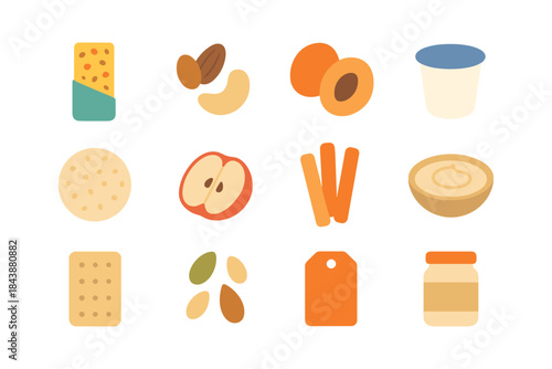 Flat style snack and condiment icons featuring nuts, fruit, and containers