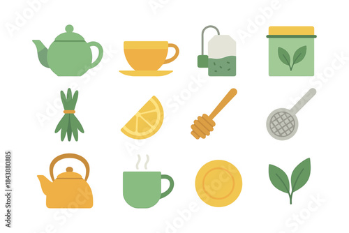 Tea time essentials: flat design icons of teapots, cups, and ingredients