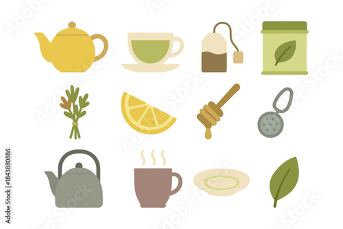 Tea set elements: kettle, cup, tea bag, and honey in flat design