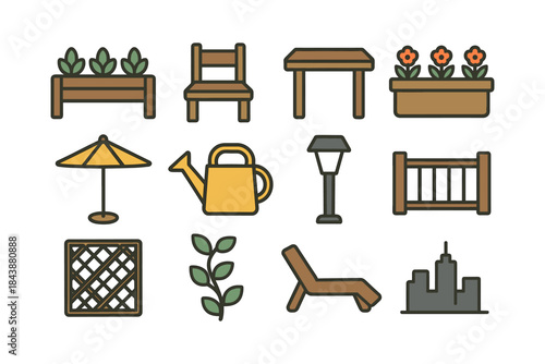 Stylish garden and patio elements in colorful flat design