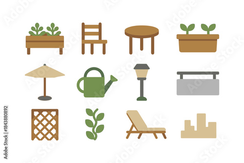 Garden elements collection: furniture, plants, tools, and structures in flat design