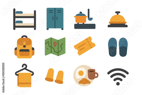Travel essentials icons in flat design for accommodation and adventure